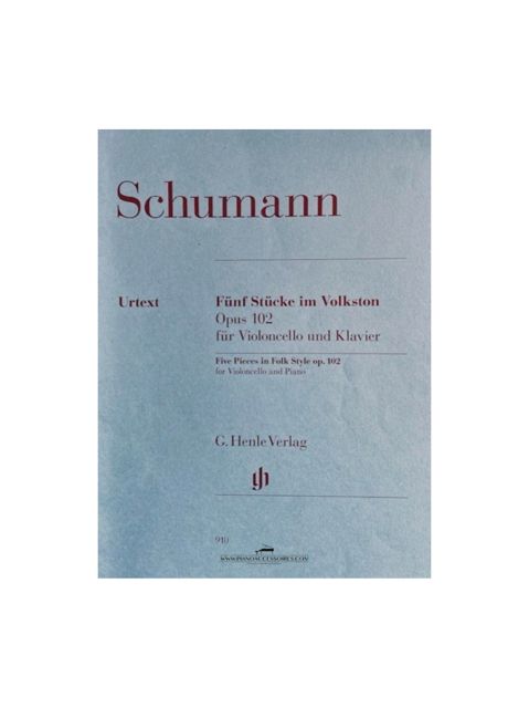 Bladmuziek van Schumann: Fünf Stücke im Volkston, Op. 102 voor cello en piano.