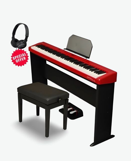 GPPD Home Stage C8 digitale piano package rood met verstelbaar bankje en hoofdtelefoon.