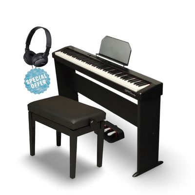 GPPD Home Stage C8 digitale piano package zwart met verstelbaar bankje en hoofdtelefoon.