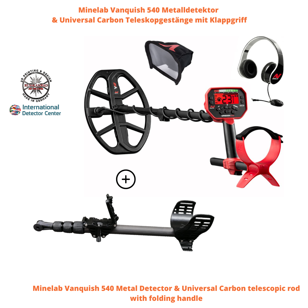 Minelab Vanquish 540 Metal Detector & Universal Carbon telescopic rod with folding handle