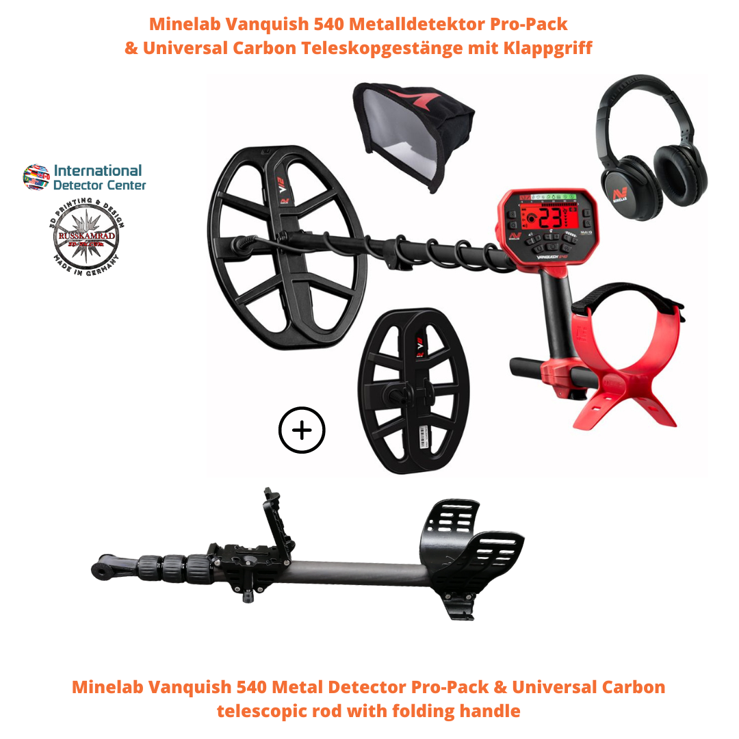 Minelab Vanquish 540 Metal Detector Pro-Pack & Universal Carbon telescopic rod with folding handle