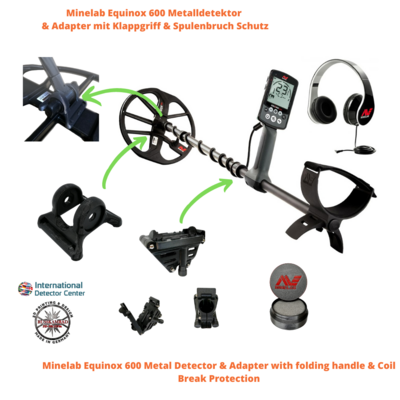 Minelab Equinox 600 Metal Detector & Adapter with folding handle & Coil Break Protection