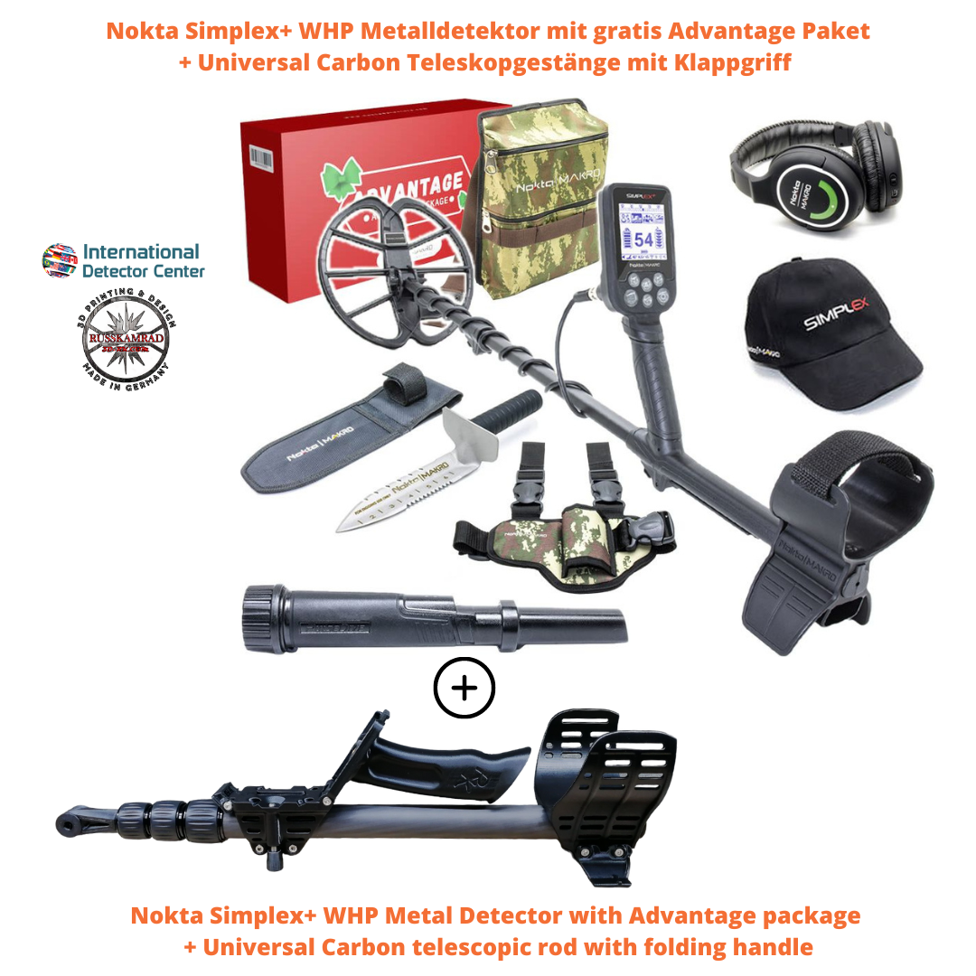 Nokta Simplex+ WHP Metal Detector with Nokta-Pointer Pinpointer & Universal Carbon telescopic rod with folding handle