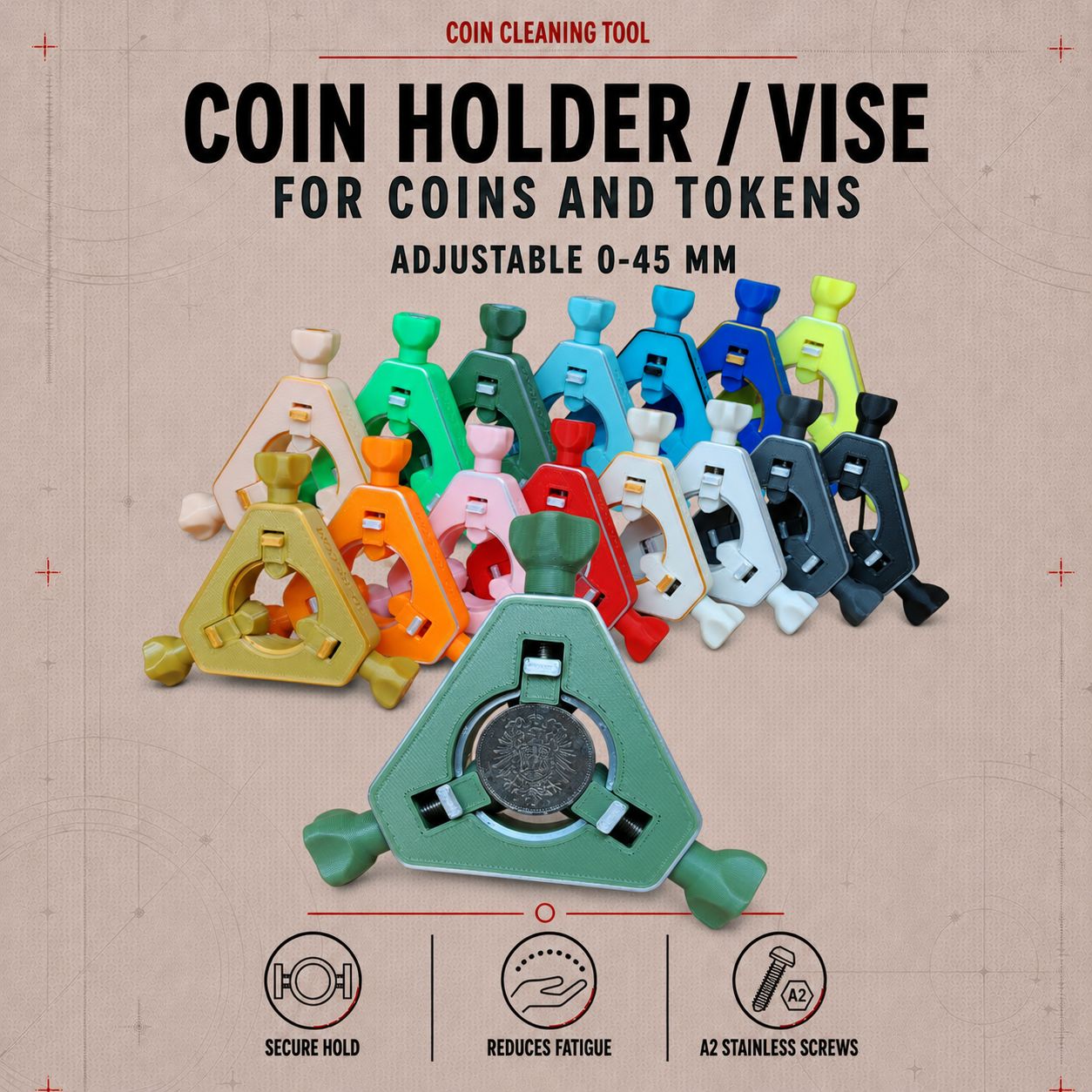 Coin holder / vise to fix coins for cleaning process