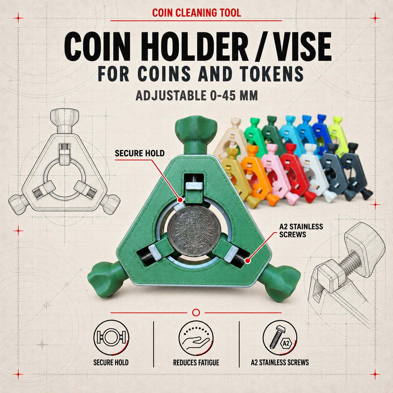 Coin holder / vise to fix coins for cleaning process