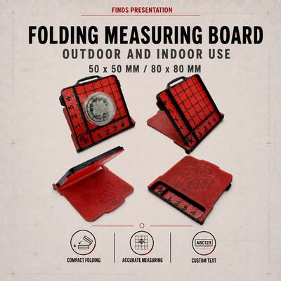 Folding measuring board for presenting the find