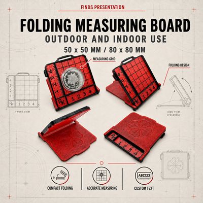 Folding measuring board for presenting the find