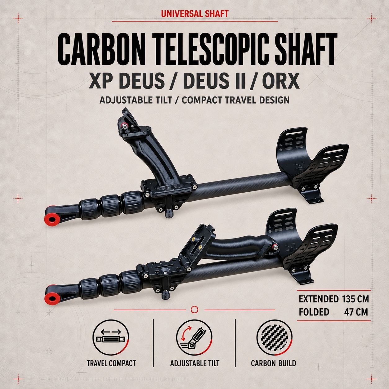 Universal Carbon telescopic rod for XP Deus/Deus II/ORX