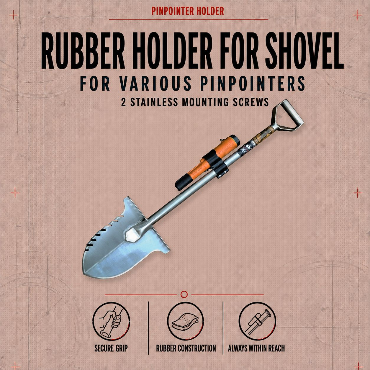 Rubber pinpointer holder for shovel (various)