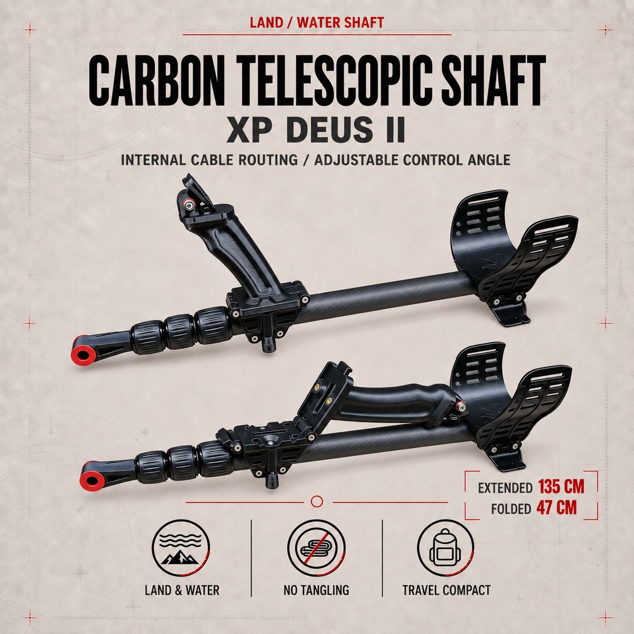 Universal Carbon telescopic rod for XP Deus II (land/water)