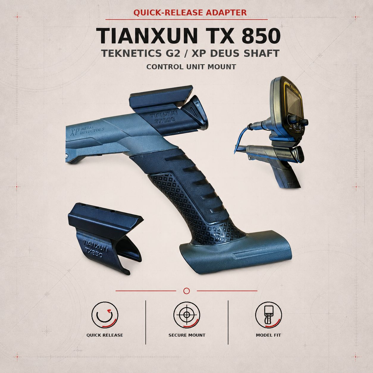 Quick-Release Adapter Tianxun TX 850/ Teknetics G2 on XP DEUS Shaft