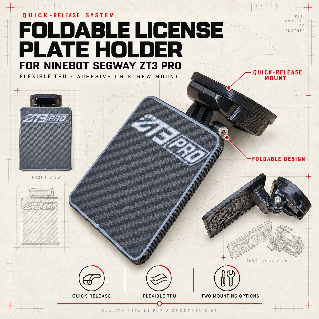 Quick-Release Foldable License Plate Holder — Ninebot Segway ZT3 Pro