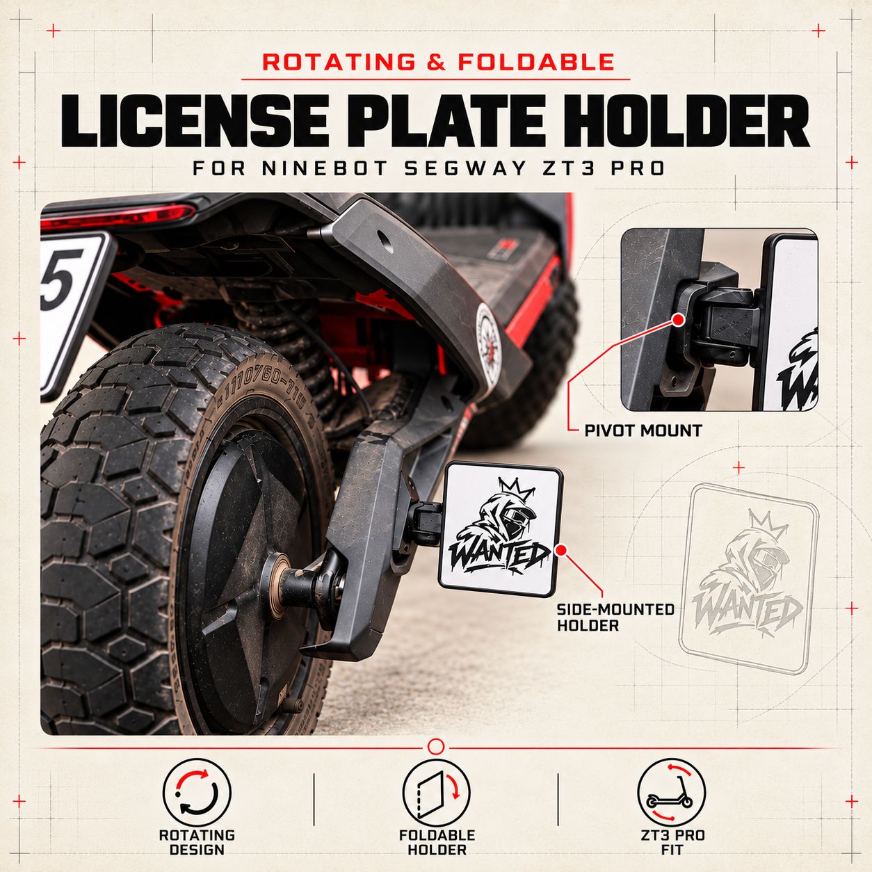 Rotating Foldable License Plate Holder — Ninebot Segway ZT3 Pro