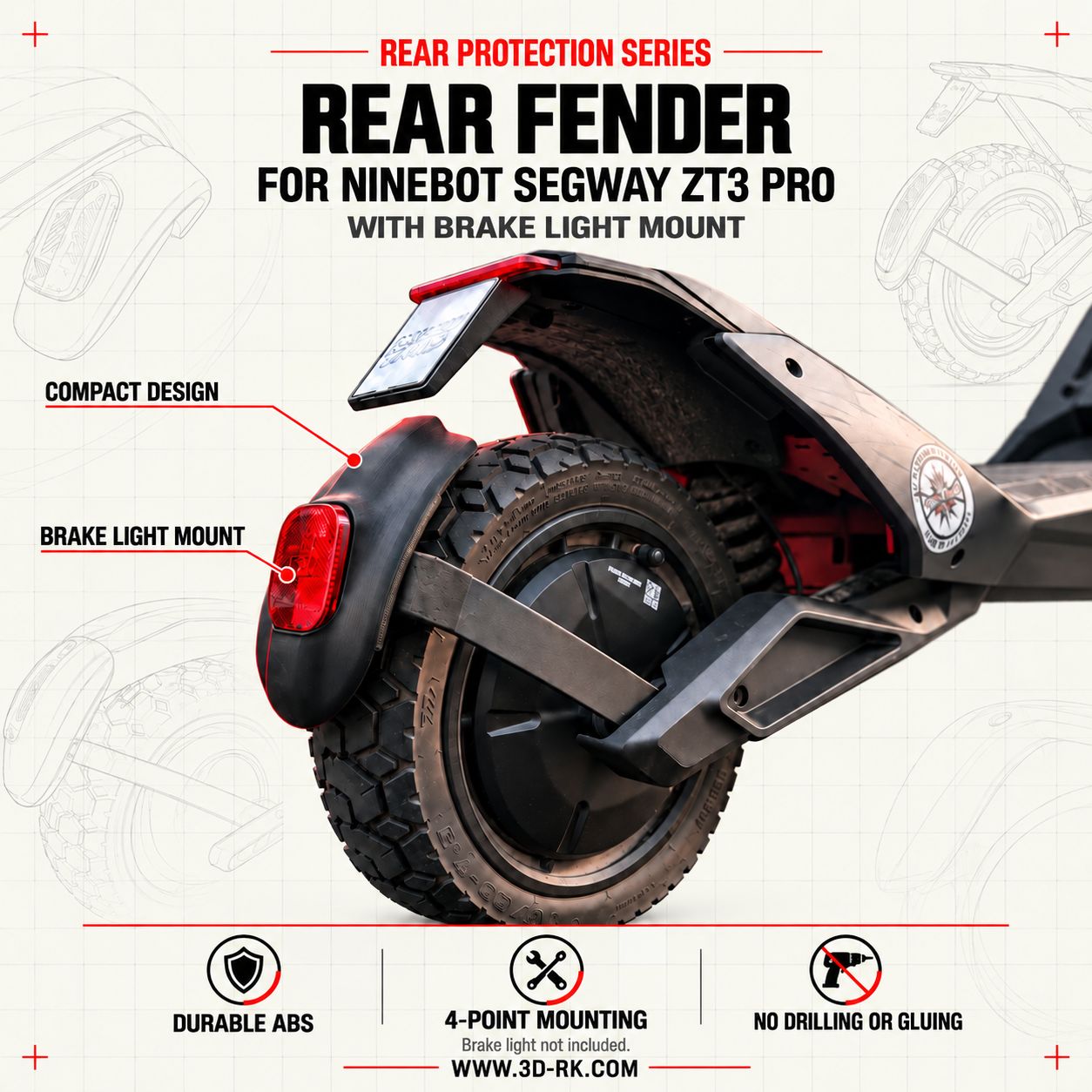 Rear Fender with Brake Light Recess — Ninebot Segway ZT3 Pro