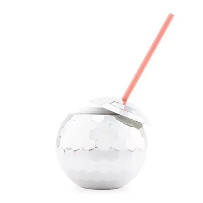 Bridal Party Disco Ball Tumbler Cup - Silver With Pink Straw