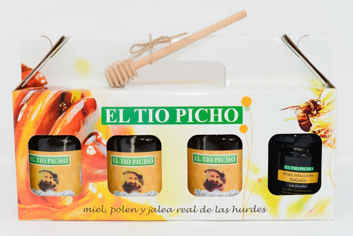 PACK: 1Miel Brezo500 g+1MielTomillo500g+1MielFlores500g +1 miel bellota 250grs +CUCHARA MADERA