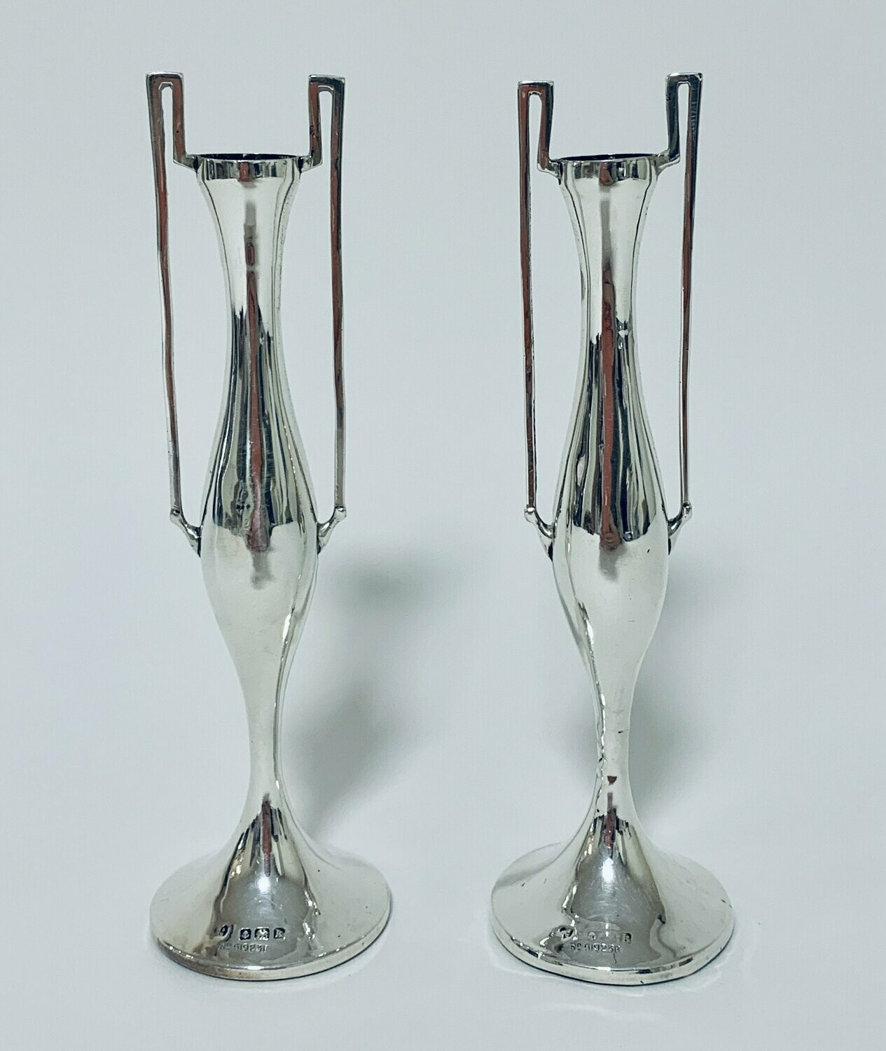Pair Antique Art Nouveau Solid Silver Vases