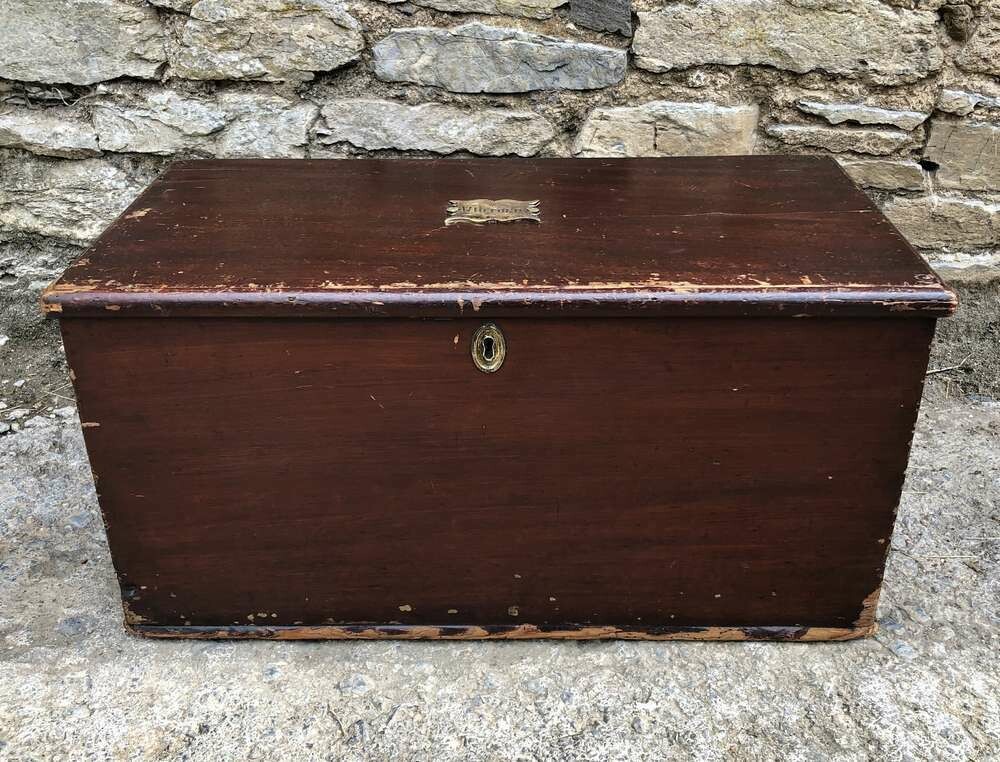 Antique Military Stained Pine Storage Trunk