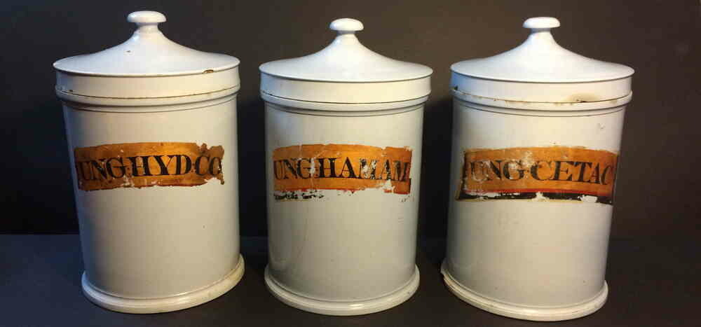 3 Ceramic 19th Century Apothecary Chemist Jars
