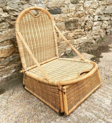 Antique Folding Portable Cane Canoe Chair