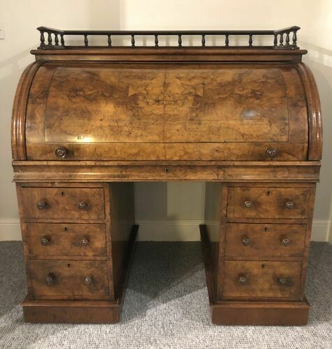 Victorian Burr Walnut Roll Top Cylinder Desk