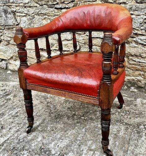 Antique Red Leather Oak Desk Armchair