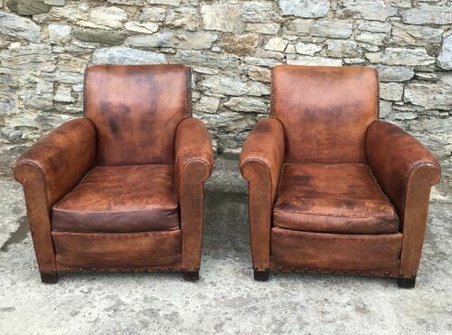Pair of Antique Leather Club Chairs