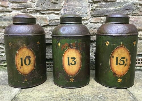 3 Large Antique Toleware Tea Canisters
