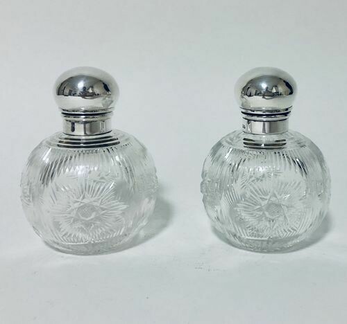 Pair of Antique Cut Glass Silver Scent Bottles