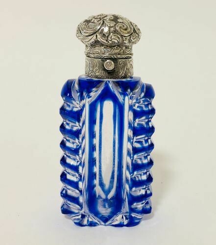 Antique Blue Cut Glass Scent Bottle Silver Top
