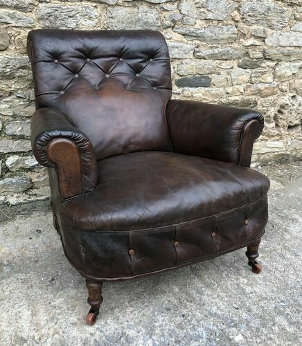 Antique English Leather Library Chair