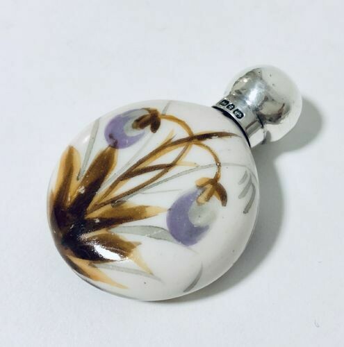 Antique Painted Porcelain Scent Bottle Silver Top