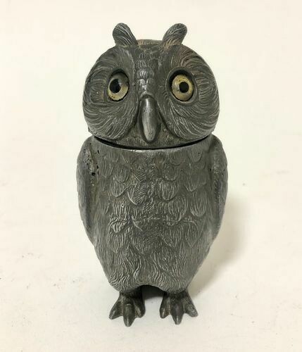 Antique Victorian Novelty Spelter Owl Inkwell