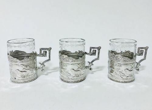Set of 3 Glass Cups with Solid Silver Mounts