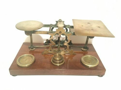 Large Antique Brass Postal Scales on Wooden Base
