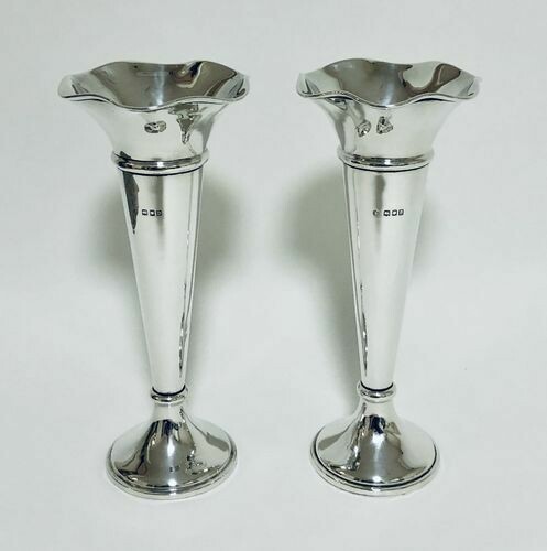 Pair of Antique Silver Trumpet Vases
