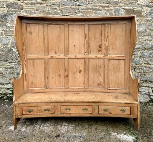 Large Antique High Back Curved Pine Settle
