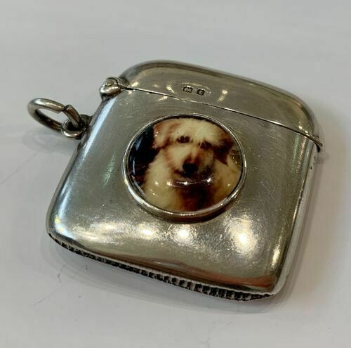 Antique Silver Vesta Case with Dog Enamel