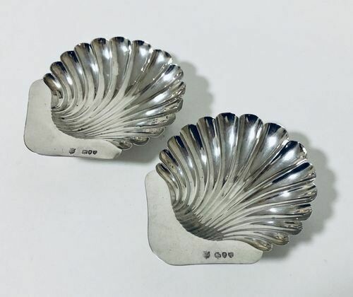 Pair of Antique Solid Silver Shell Butter Dishes