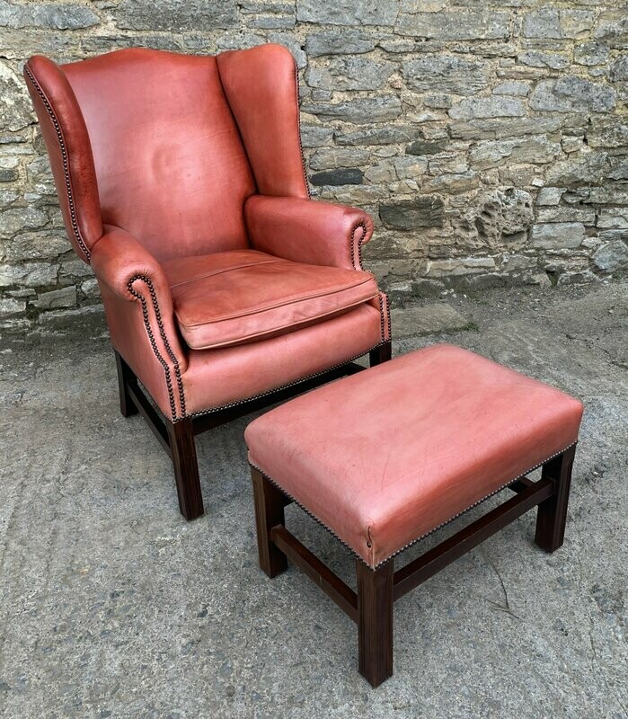 Red Leather Wingback Armchair and Stool