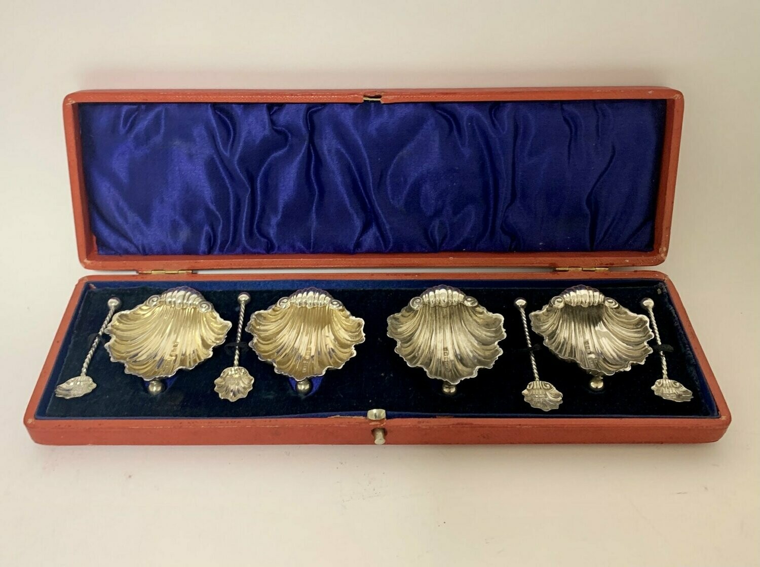 Set of 4 Antique Solid Silver Shell Salts and Spoons