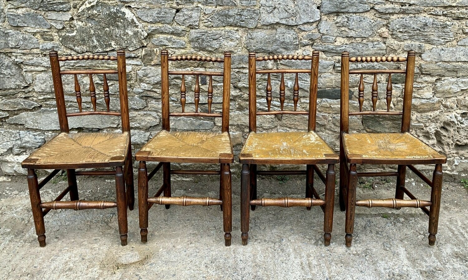 Set of 4 Antique Elm Country Chairs