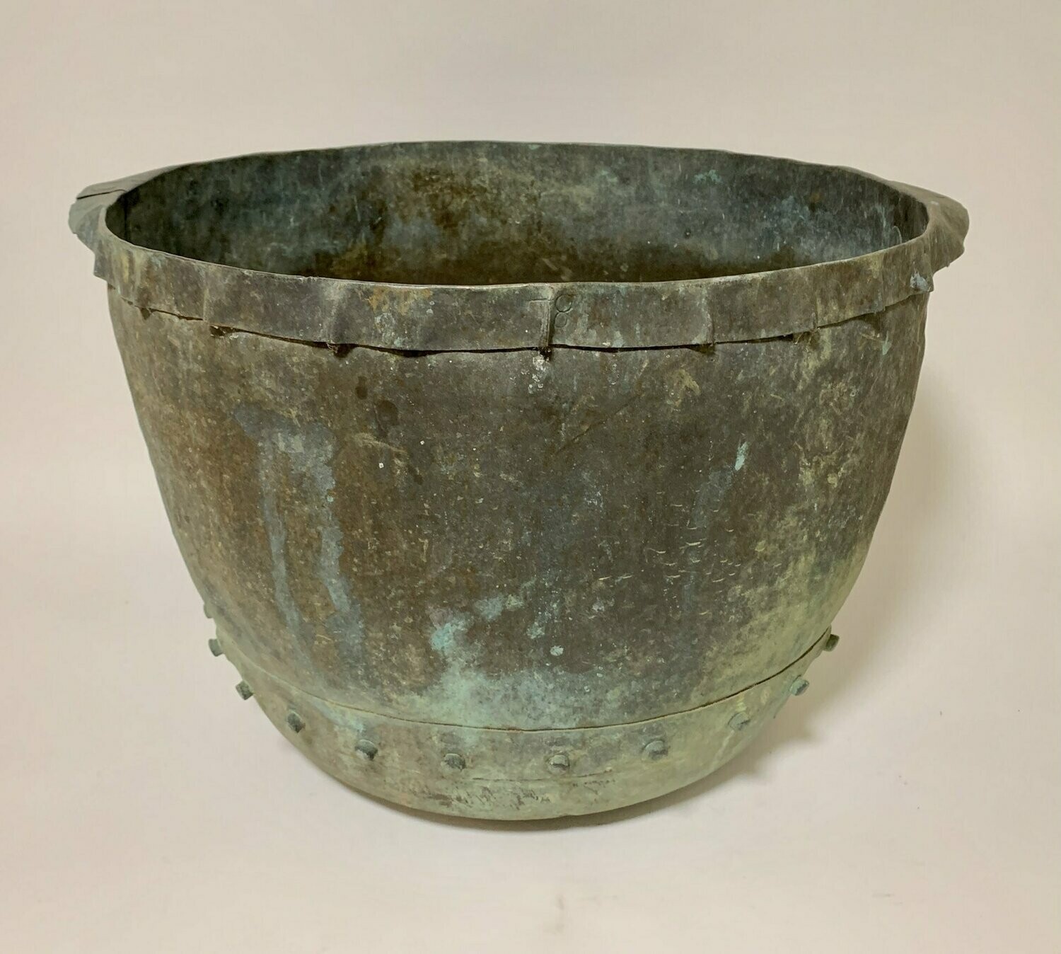 Large Antique Verdigris Copper Riveted Pot