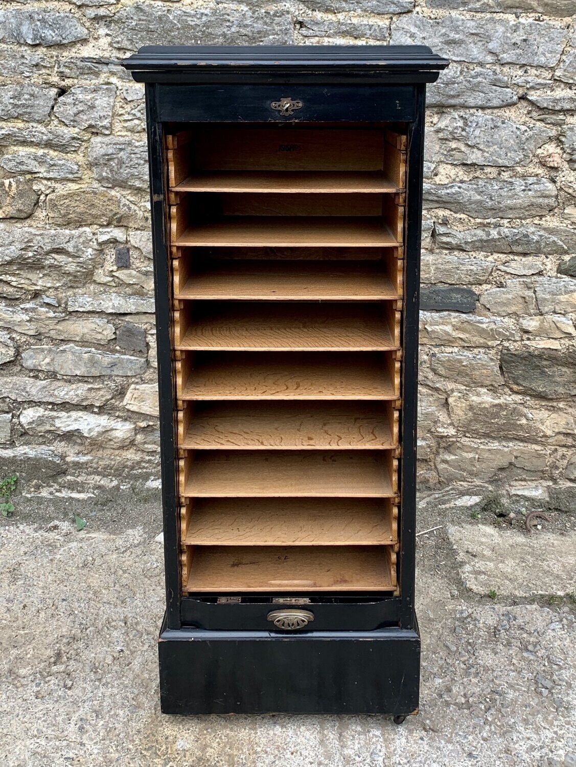 Antique Ebonised Tambour Front Filing Cabinet