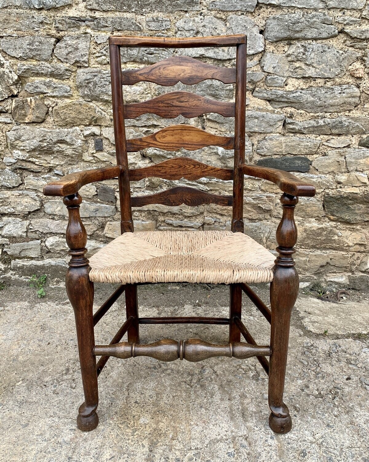 Antique Elm Ladder Back Armchair with Rush Seat