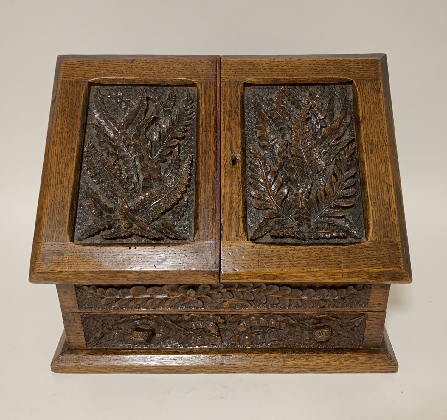 Antique Black Forest Style Carved Oak Stationery Cabinet