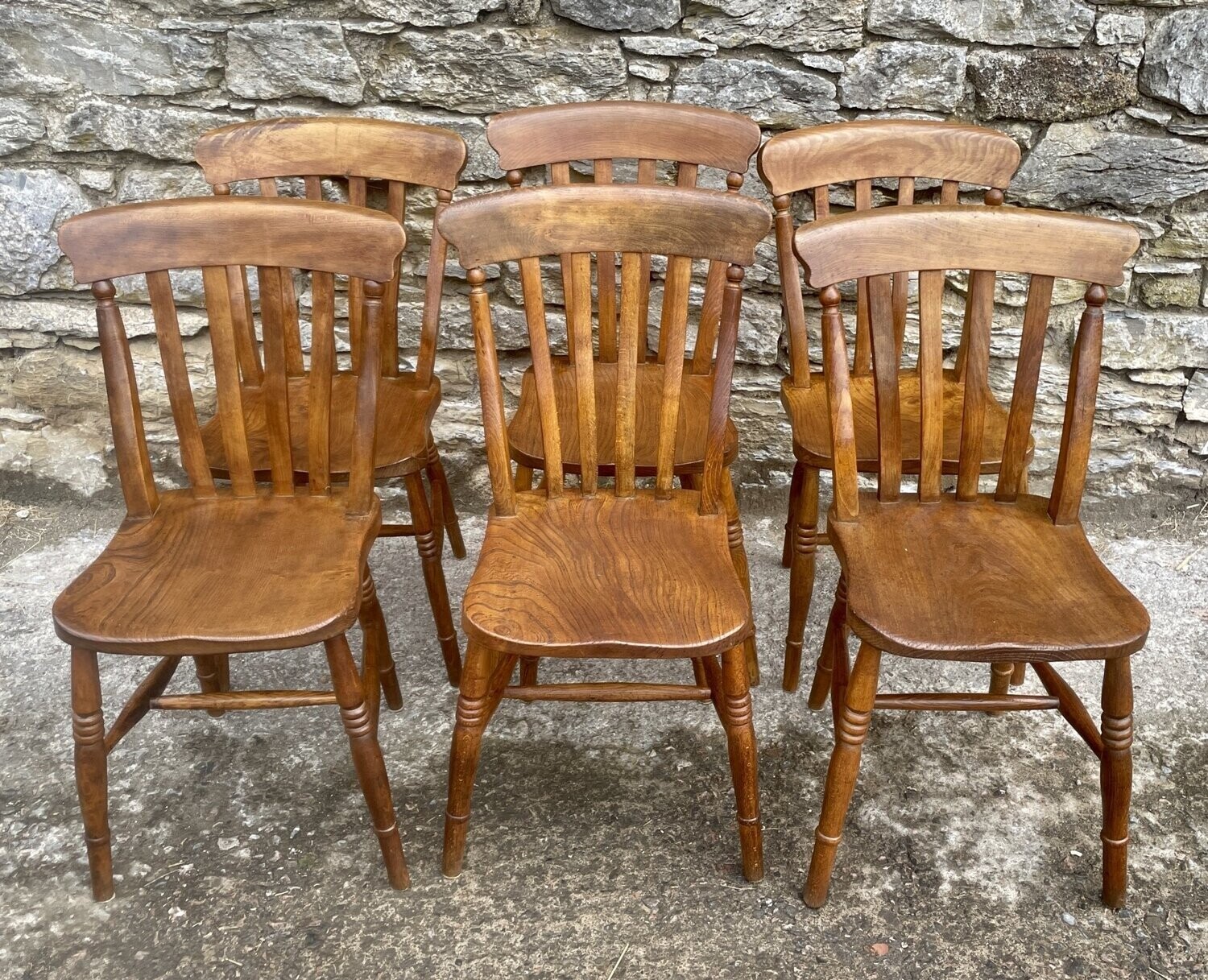 Set of 6 Victorian Lathe Back Farmhouse Chairs