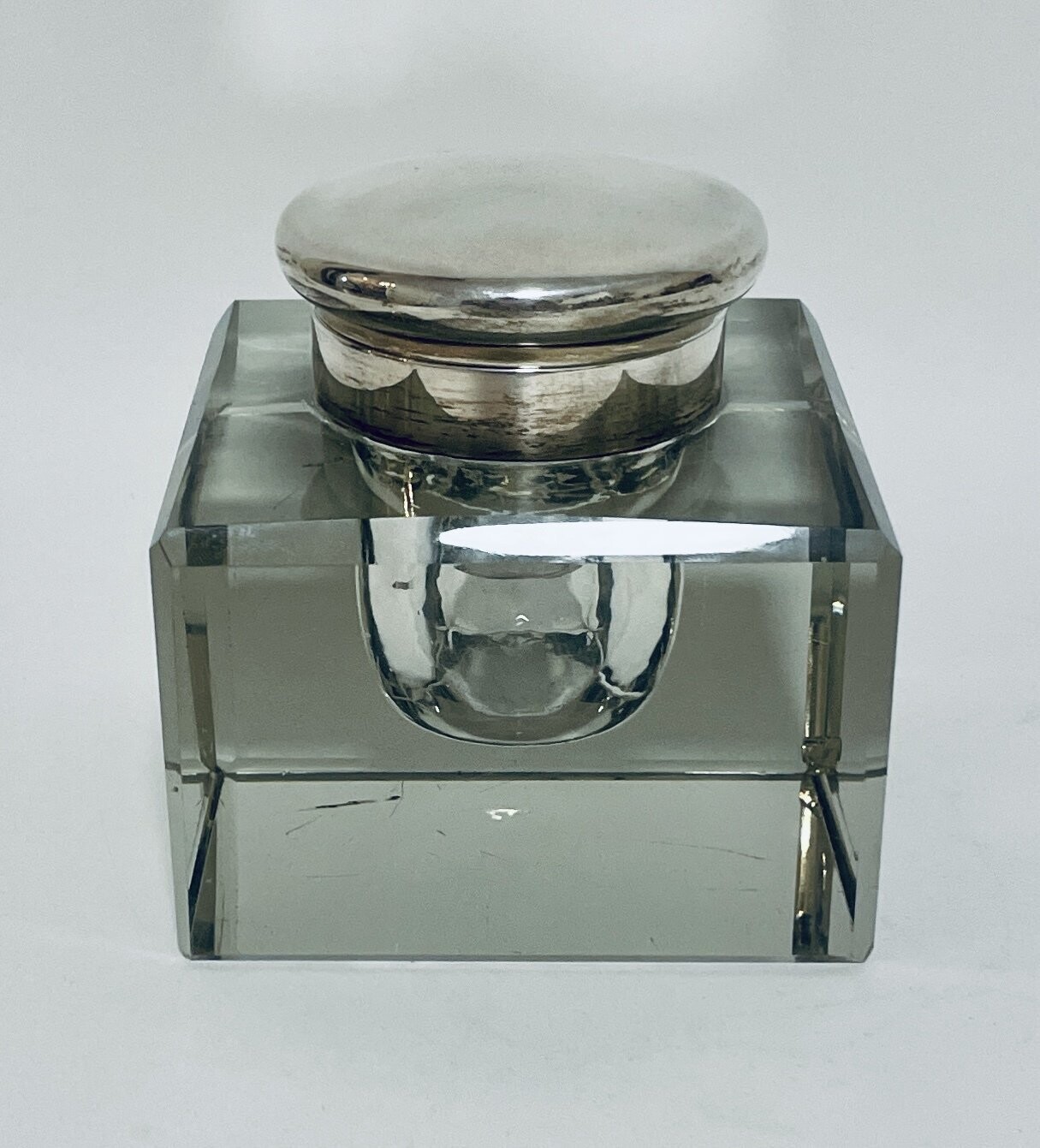 Large Antique Inkwell with Silver Top