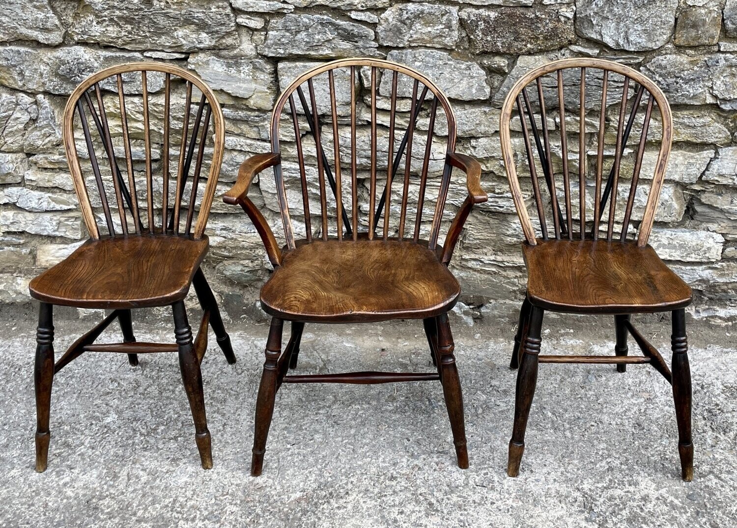 Set of 3 Early Stick Back Country Chairs