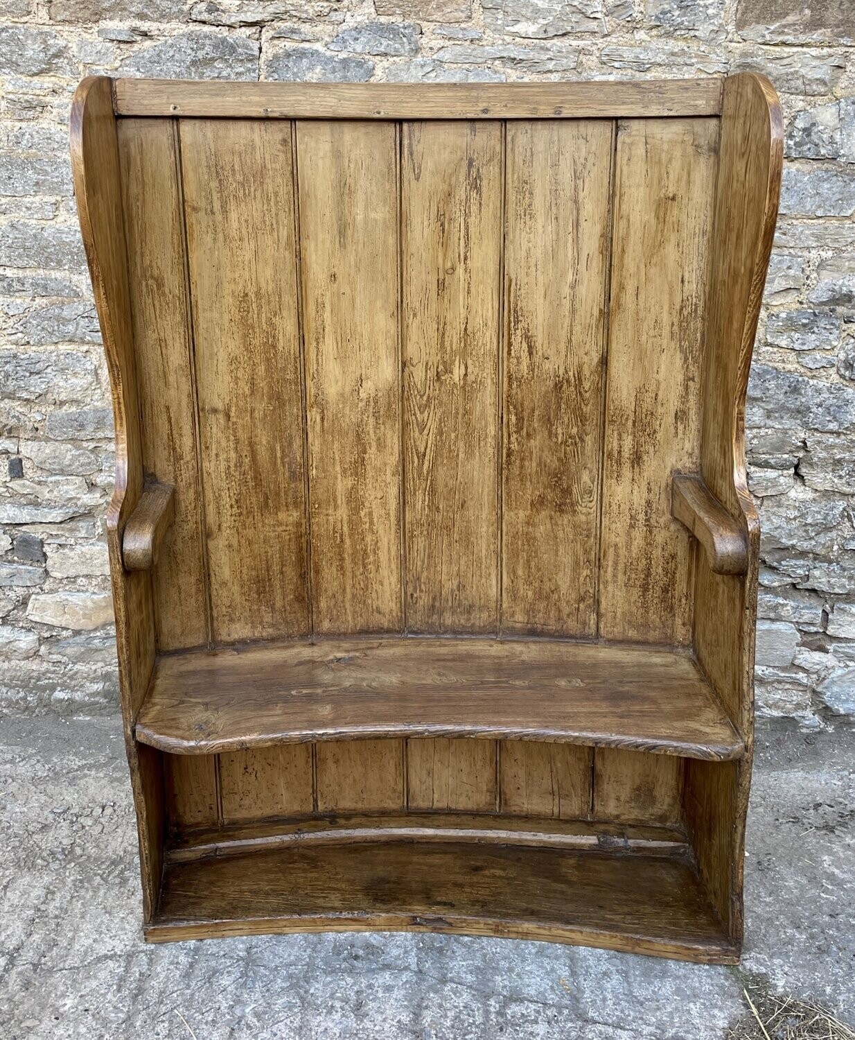 Antique Curved Wing Back Pine Settle